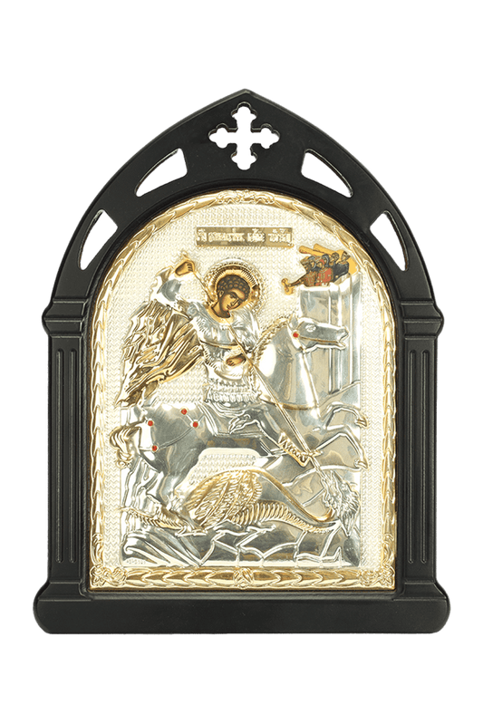Saint George Icon - Silver Plated with Wood black Frame