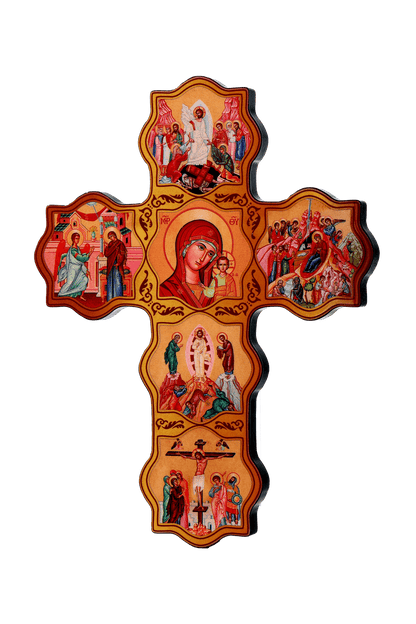 Intricate Wooden Orthodox Cross - Christian Home & Church Sculpture (12 in)