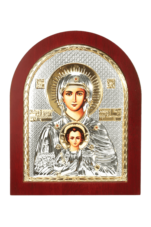 Holy Virgin of Kazan Silver Icon with Wood Frame 8.5x10.5 inch