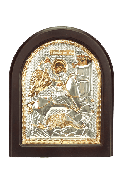 Saint George Icon - Silver Plated with Wood Brown Frame 8.5x10.5 inch