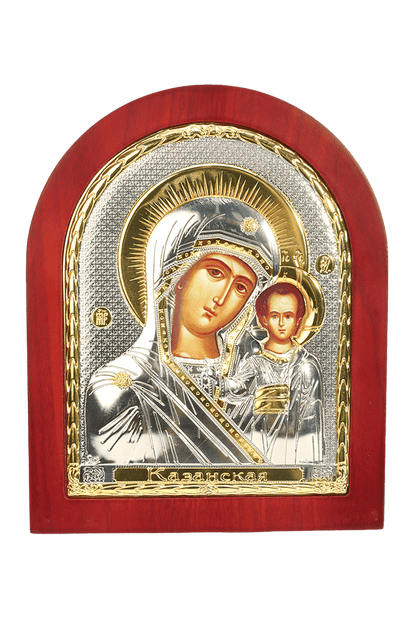 Holy Virgin of Kazan Silver Icon with Red Wood Frame 8.5x10.5 inch