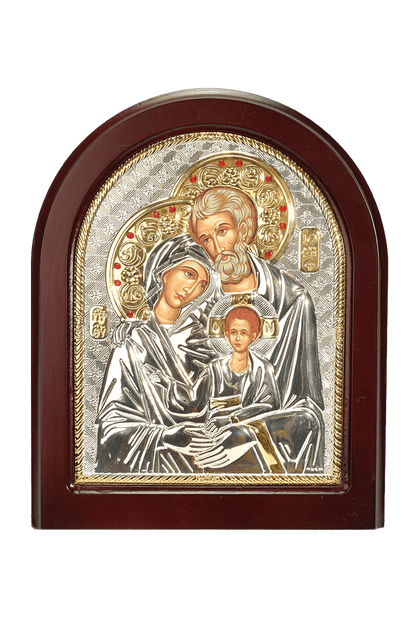 Holy Family Icon Gold & Silver Byzantine Art Brown Wood Frame