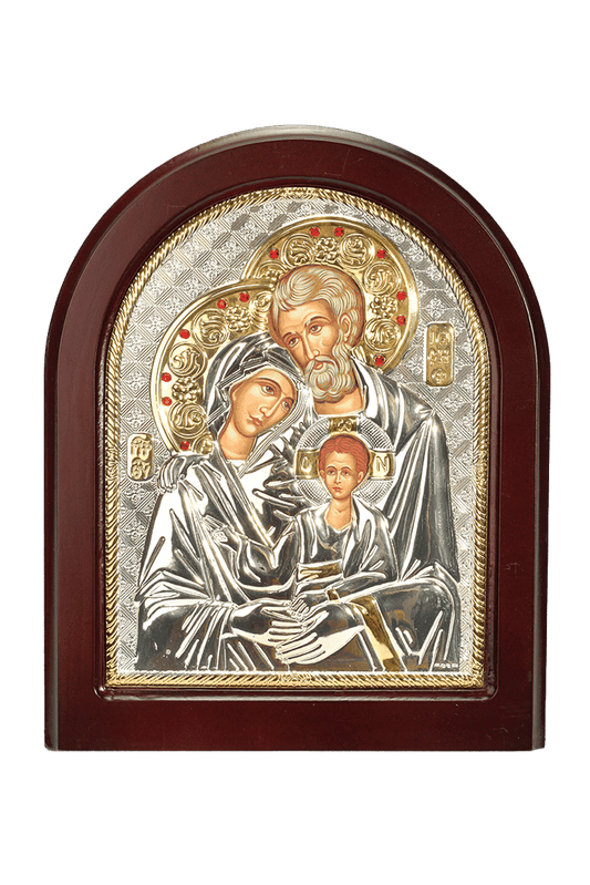 Holy Family Icon Gold & Silver Byzantine Art Brown Wood Frame